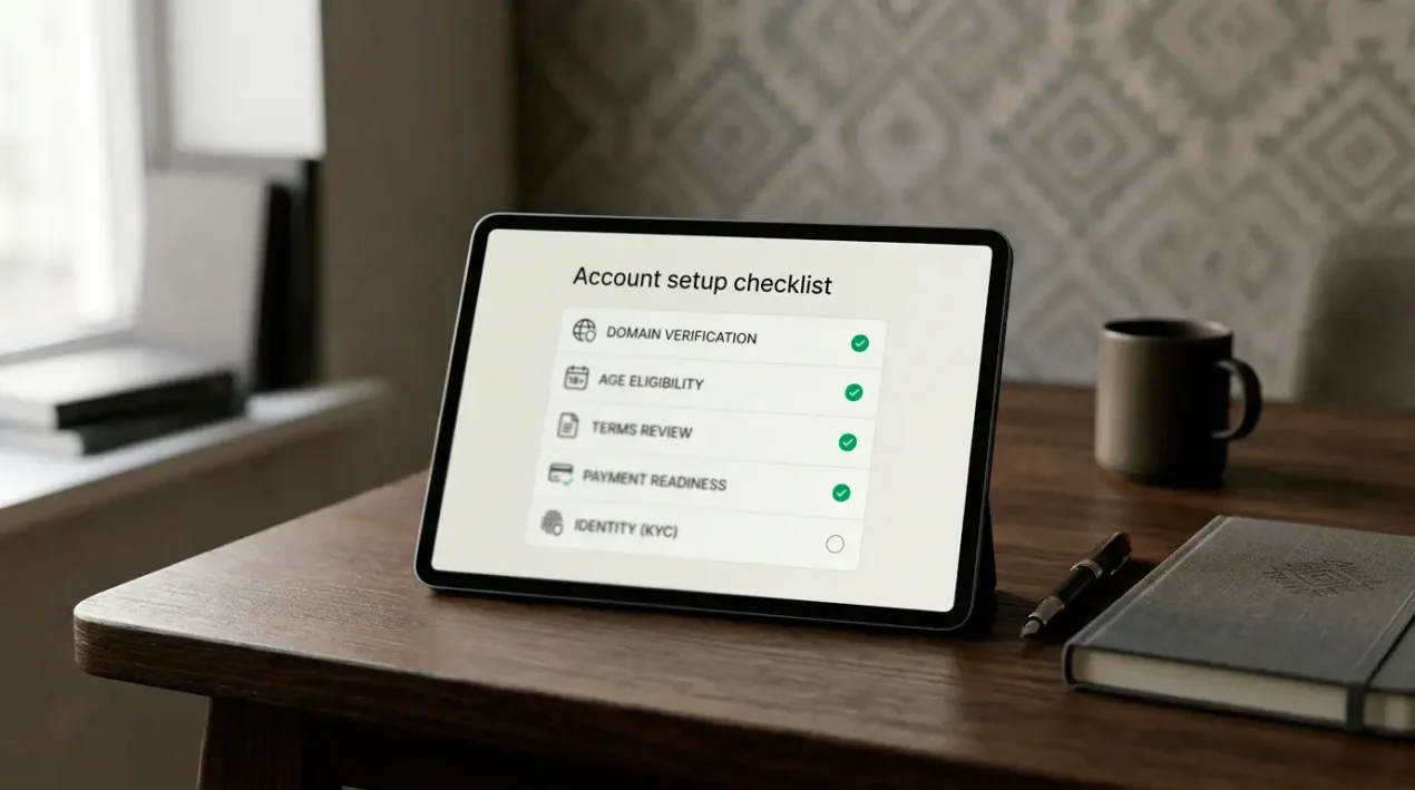 Account setup decisions should include domain, age, terms, payment, bonus and KYC checks.